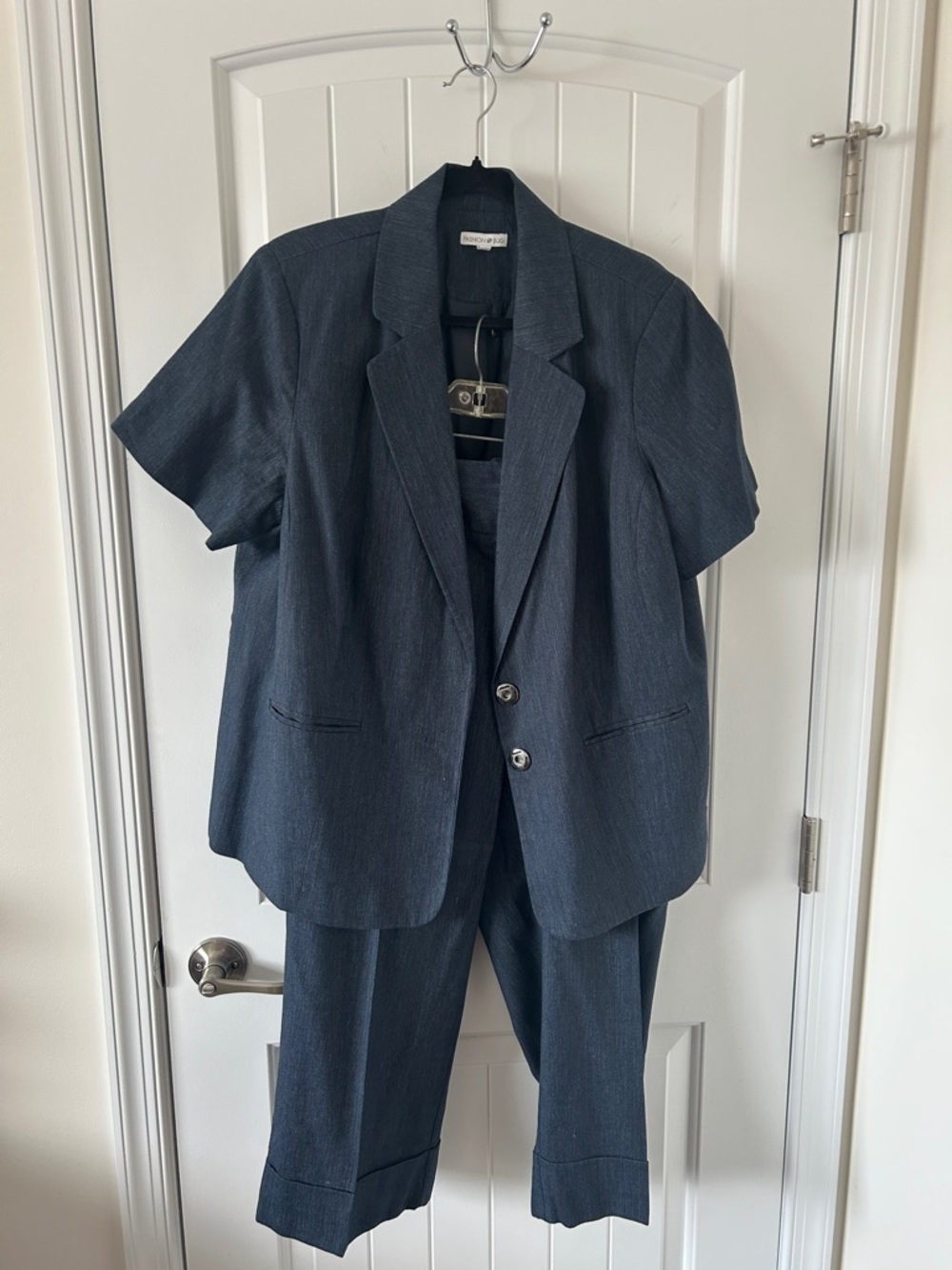 Fashion Bug Navy Blue Two-Piece Short Sleeve Blazer and Pants Set